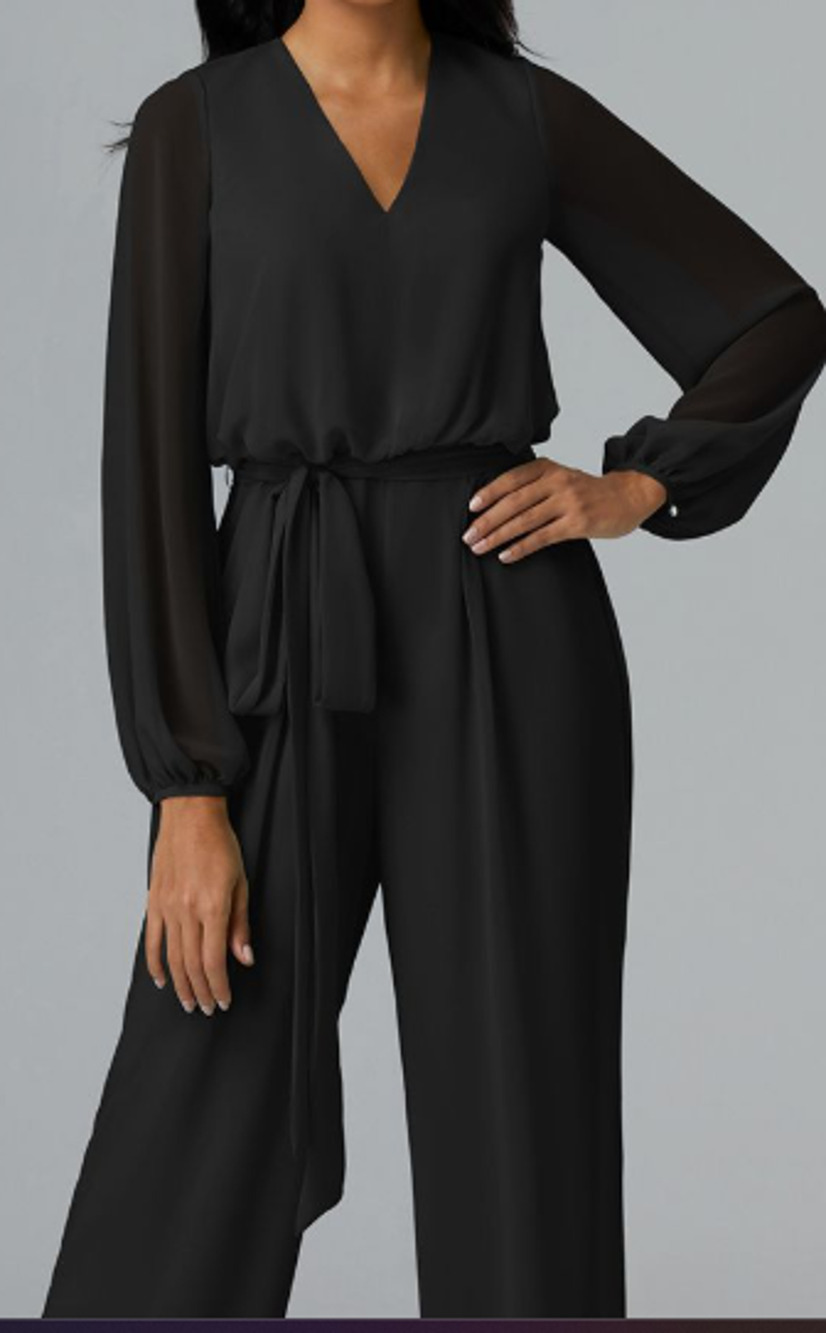 AW BRIDAL 10 L black Roxanne Long Sleeve Belted Wide Leg Jumpsuit NEW B50